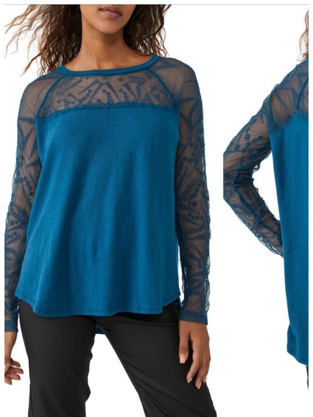 FREE PEOPLE SYDNEY EMBROIDERED LONG SLEEVE TOP OVERSIZED SMALL PETITE TO MEDIUM - Picture 2 of 6